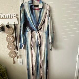 Blue Marble Print Long Sleeve Jumpsuit